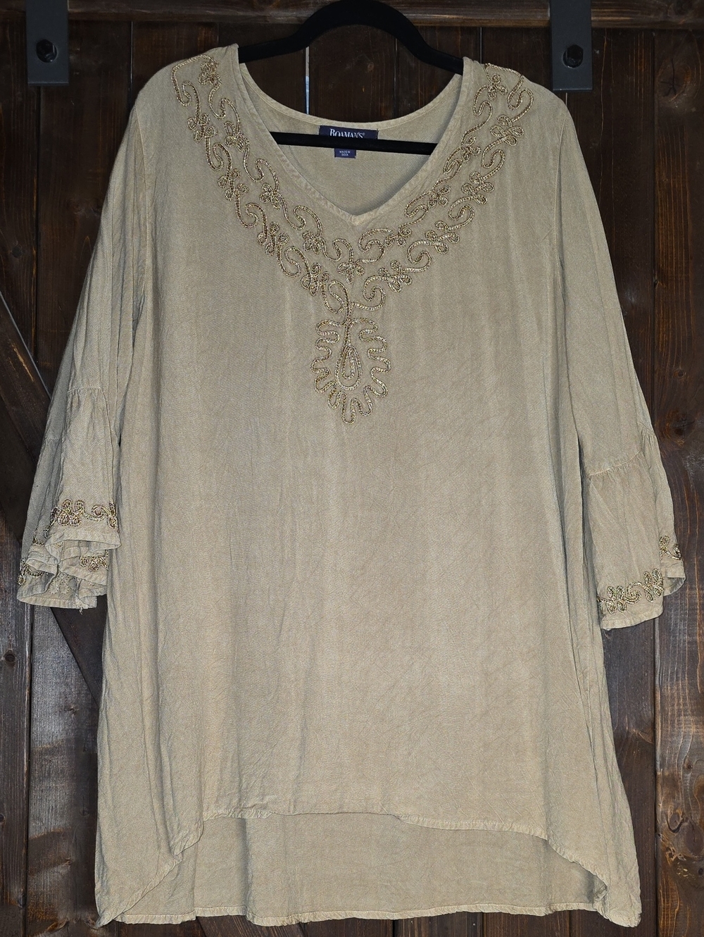Roaman's Beige Embroidered V-Neck Tunic Top